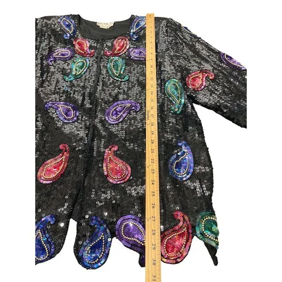 Vintage Scala Sequin Silk Jacket Paisley Beaded Black Purple Pink Blazer Size 2X - Picture 8 of 10